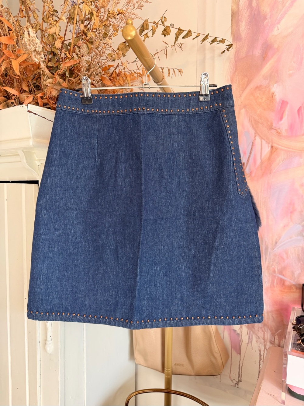Sandro Dark Blue Denim Mini Skirt with Stud Trim